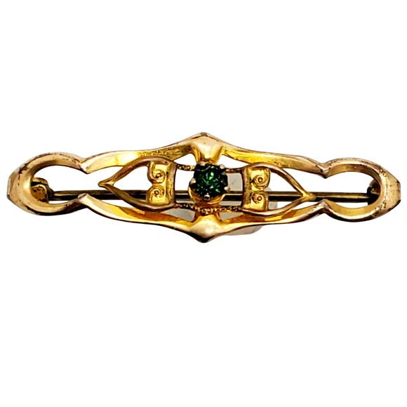Antique Art Nouveau Bar Pin Gold Tone Green Stone Brooch Small 1 1/4" Petite - Picture 1 of 10